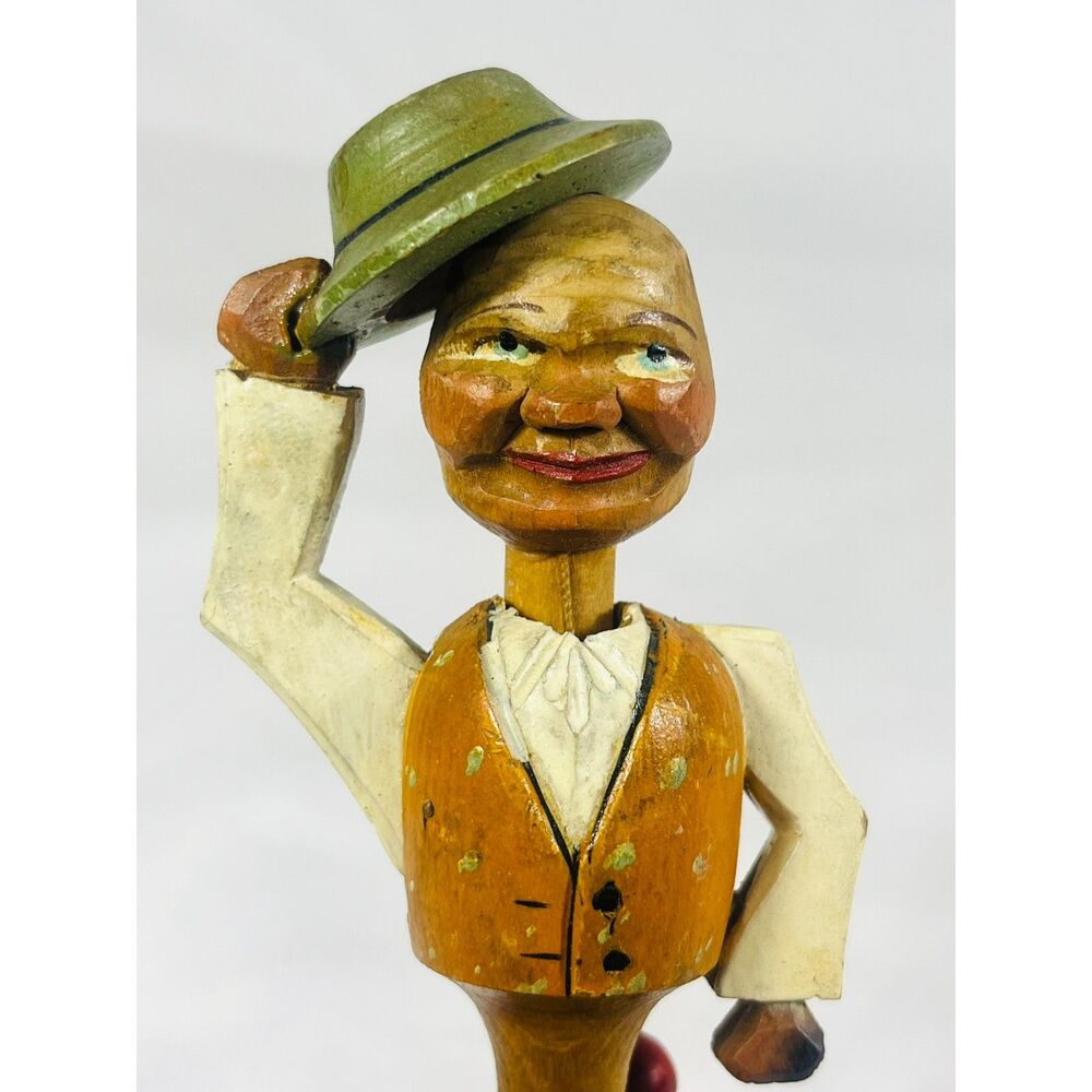 Vintage Anri Italian Wooden Bottle Stopper Man Tipping Hat Cork Hand Carved